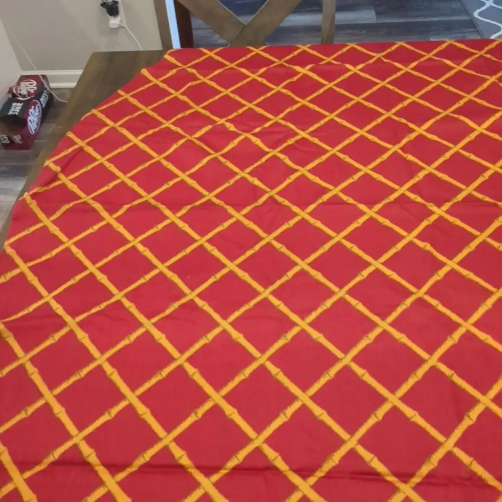Vtg MCM Tablecloth Cotton 71” Round Cohama Pomp Ano Fabric Homemade Bamboo Rust